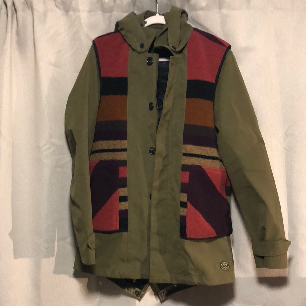 Scotch & Soda army green jacket with wool faux vest overlay